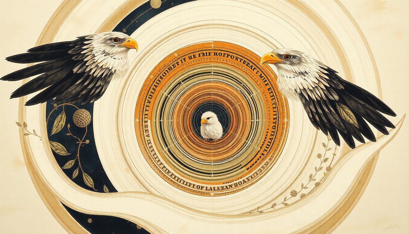 A highly textured, abstract painting in muted greens, browns, and blues, featuring sweeping geometric shapes and organic spirals that evoke the complex natural processes involved in the hatching of a bald eagle chick, conveying a sense of wonder and resilience.