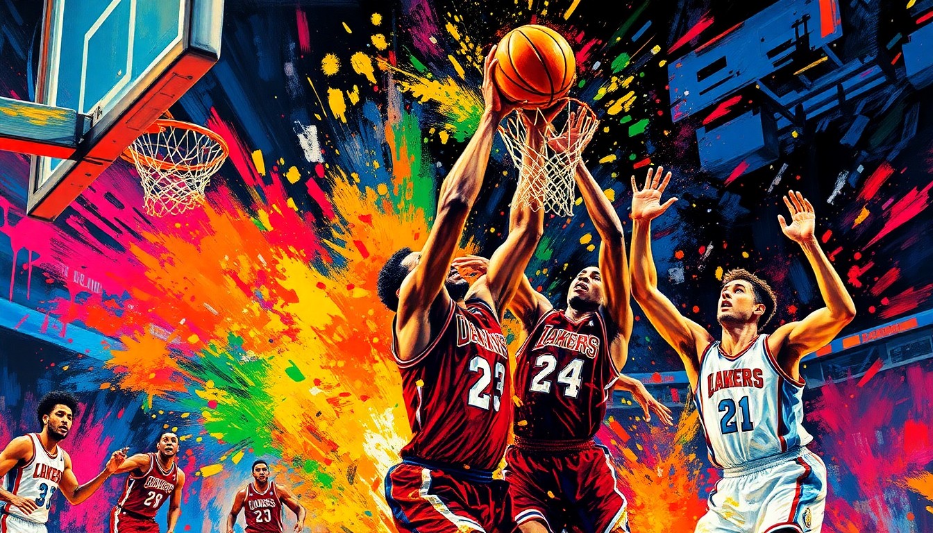 An abstract, expressionist painting in vibrant neon colors, capturing the dynamic energy and scoring action of a basketball game, with players' forms dissolving into colorful brushstrokes.