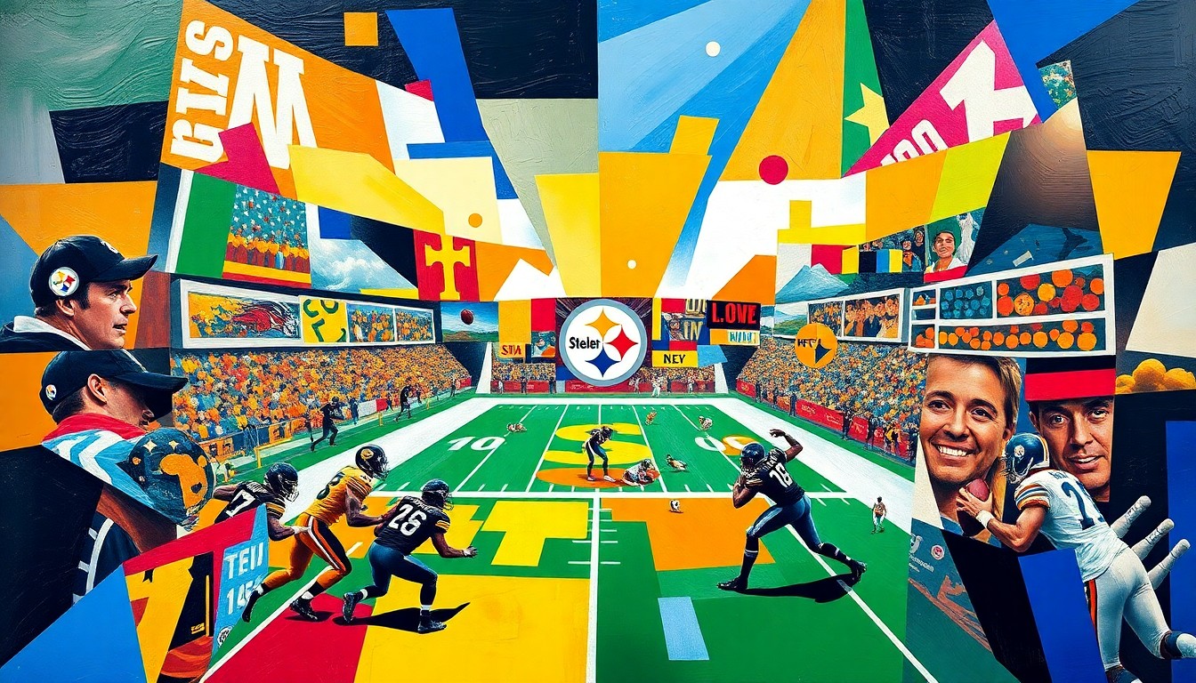 A cubist, geometric painting depicting a fragmented football game, with sharp, overlapping planes of color representing the dynamic energy and uncertainty of the Steelers' quarterback situation.