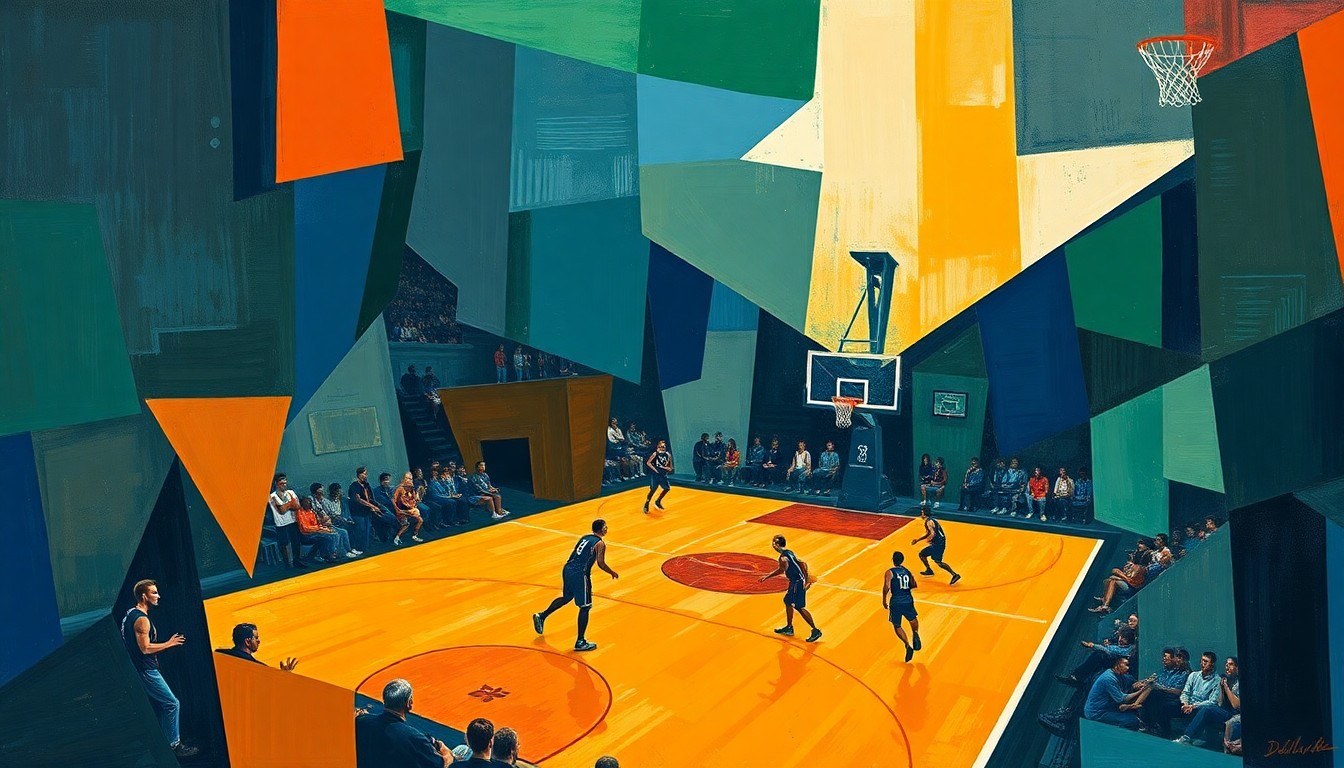 A cubist-style painting depicting a basketball game broken down into sharp, overlapping geometric planes in shades of navy, green, and orange, conveying the complex tensions between player wellness and the competitive spirit of the sport.