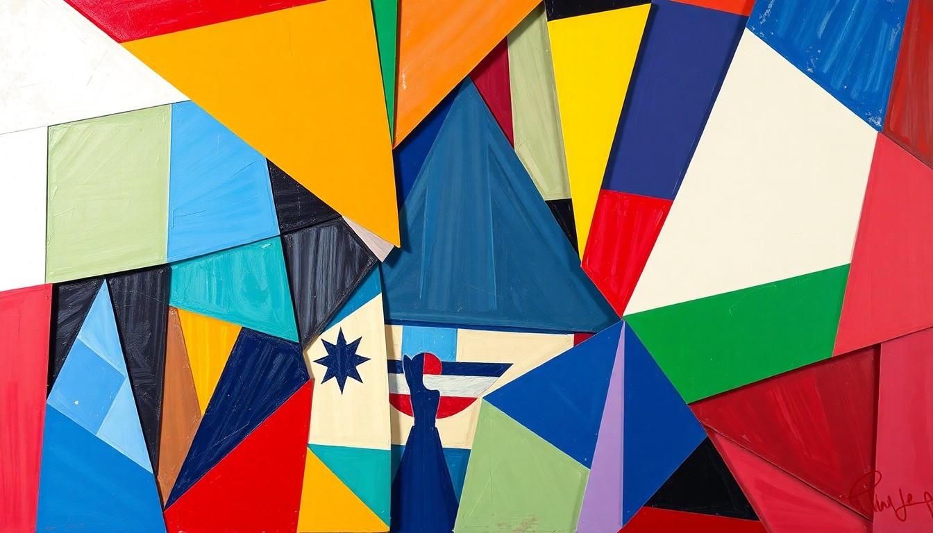 A fragmented, geometric painting in bold colors representing the strategic and athletic nature of a WNBA basketball game, with overlapping shapes and planes suggesting the multifaceted contributions of a versatile player like Jessica Shepard.