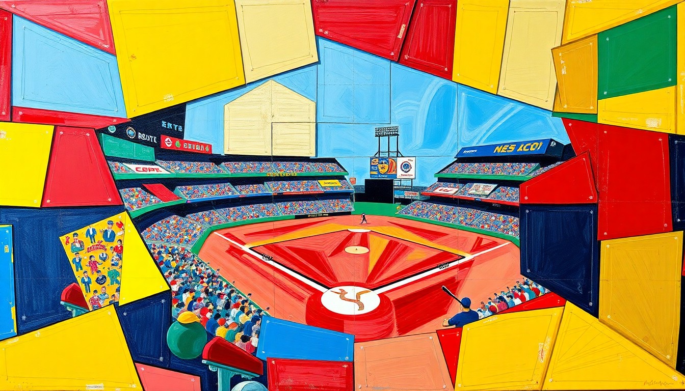 A cubist-style painting featuring sharp, overlapping geometric shapes in bright, vibrant colors that abstractly depict a baseball game, conveying the emotional essence of the sport's ritual of renewal.