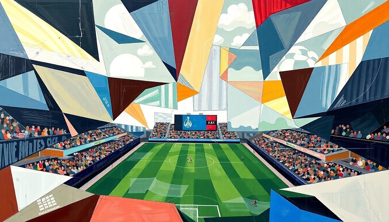 A fragmented, geometric painting depicting a soccer match, with players and the field broken down into sharp, overlapping shapes and planes of color, conveying the intensity and movement of the game.