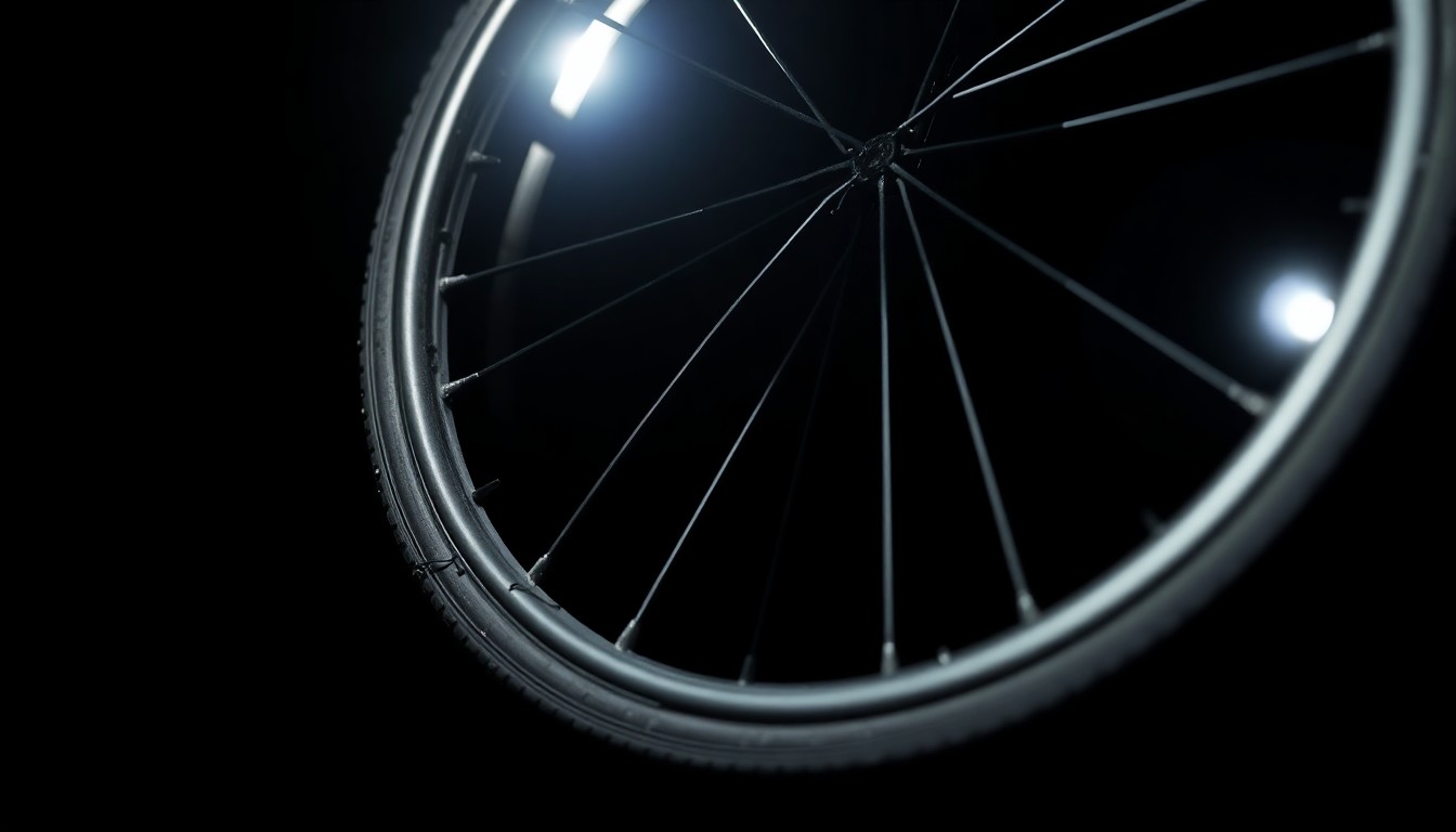 An extreme close-up of a shattered wheelchair wheel rim reflecting a bright flash of light, conceptually illustrating the discovery of a body in an overturned wheelchair on a remote road.