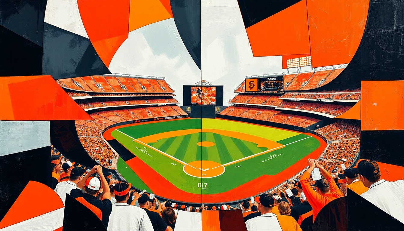 A fragmented, geometric painting in bold colors of orange, black, and white, depicting a baseball game between the Orioles and Giants in an abstract, cubist style.