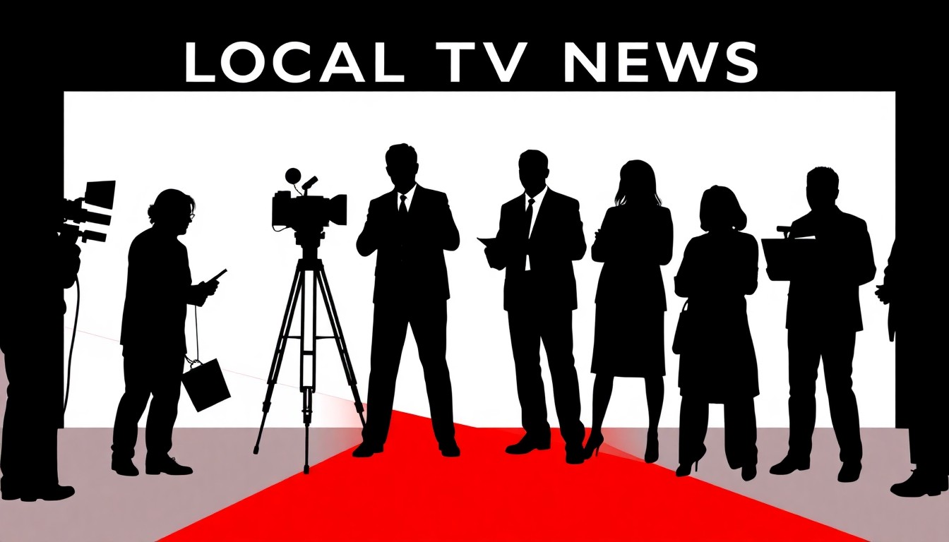 An abstract illustration using bold black shapes and high-contrast colors to represent the concept of local television news awards, without depicting any specific people, places or text.