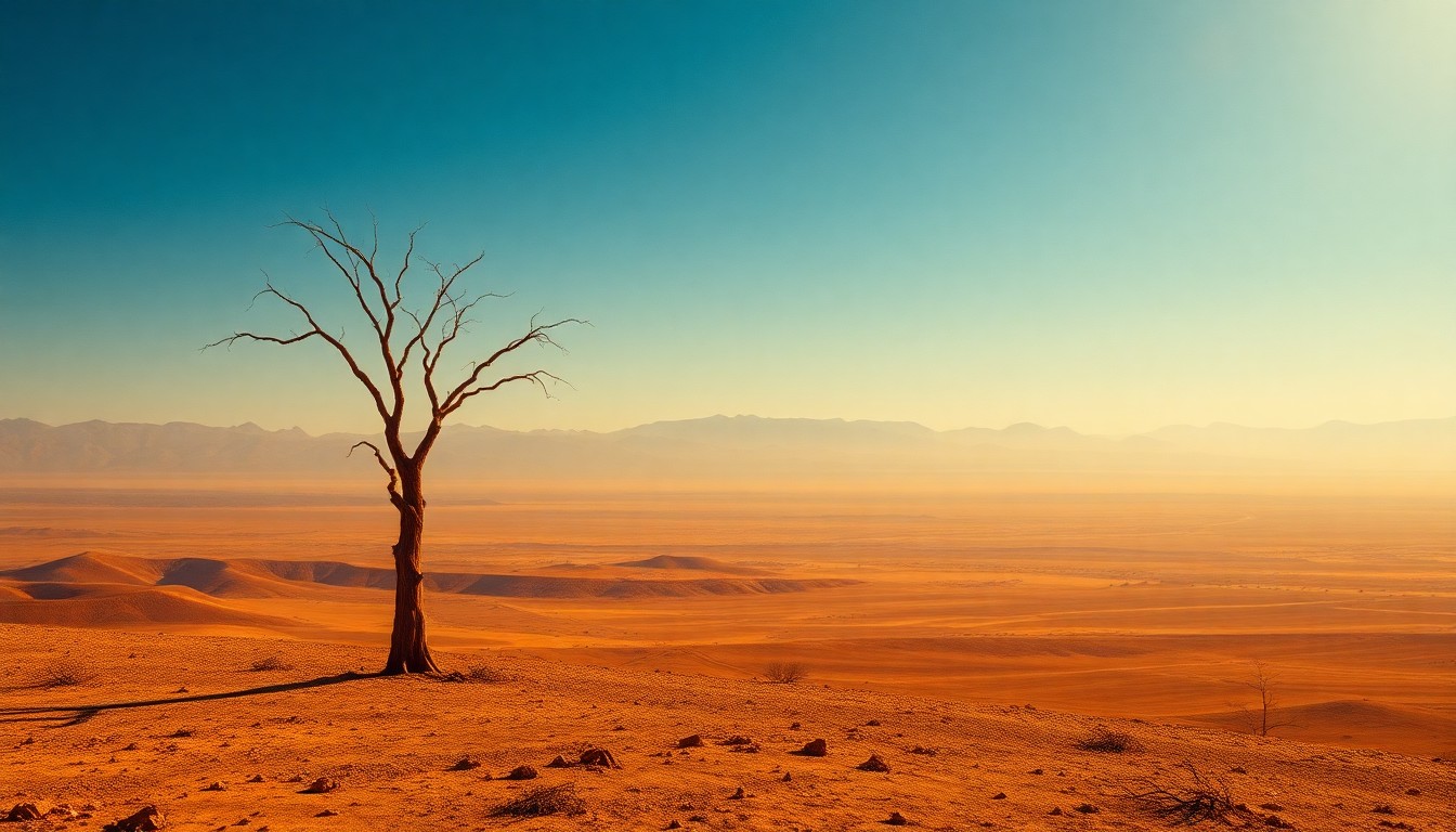 A vast, majestic landscape painting in the style of Caspar David Friedrich, depicting a parched, sun-baked countryside with a lone, withered tree standing in the foreground against a hazy, golden-hued horizon, conveying the overwhelming, sublime scale of the natural world under extreme weather conditions.