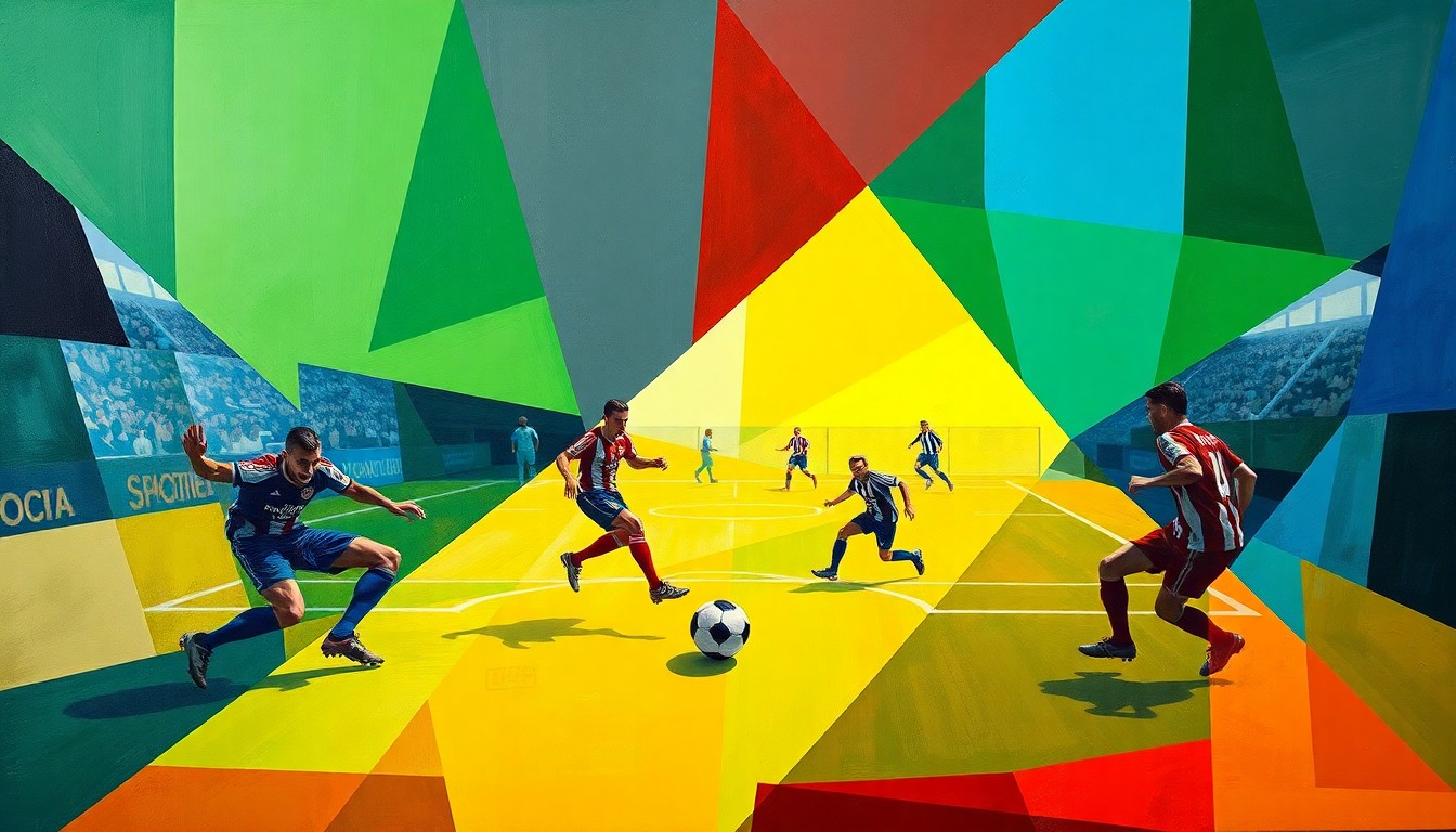 A cubist, geometric painting depicting a soccer match between the San Jose Earthquakes and Sporting Kansas City, with the players and ball represented through angular, intersecting shapes and planes in a vibrant color palette.