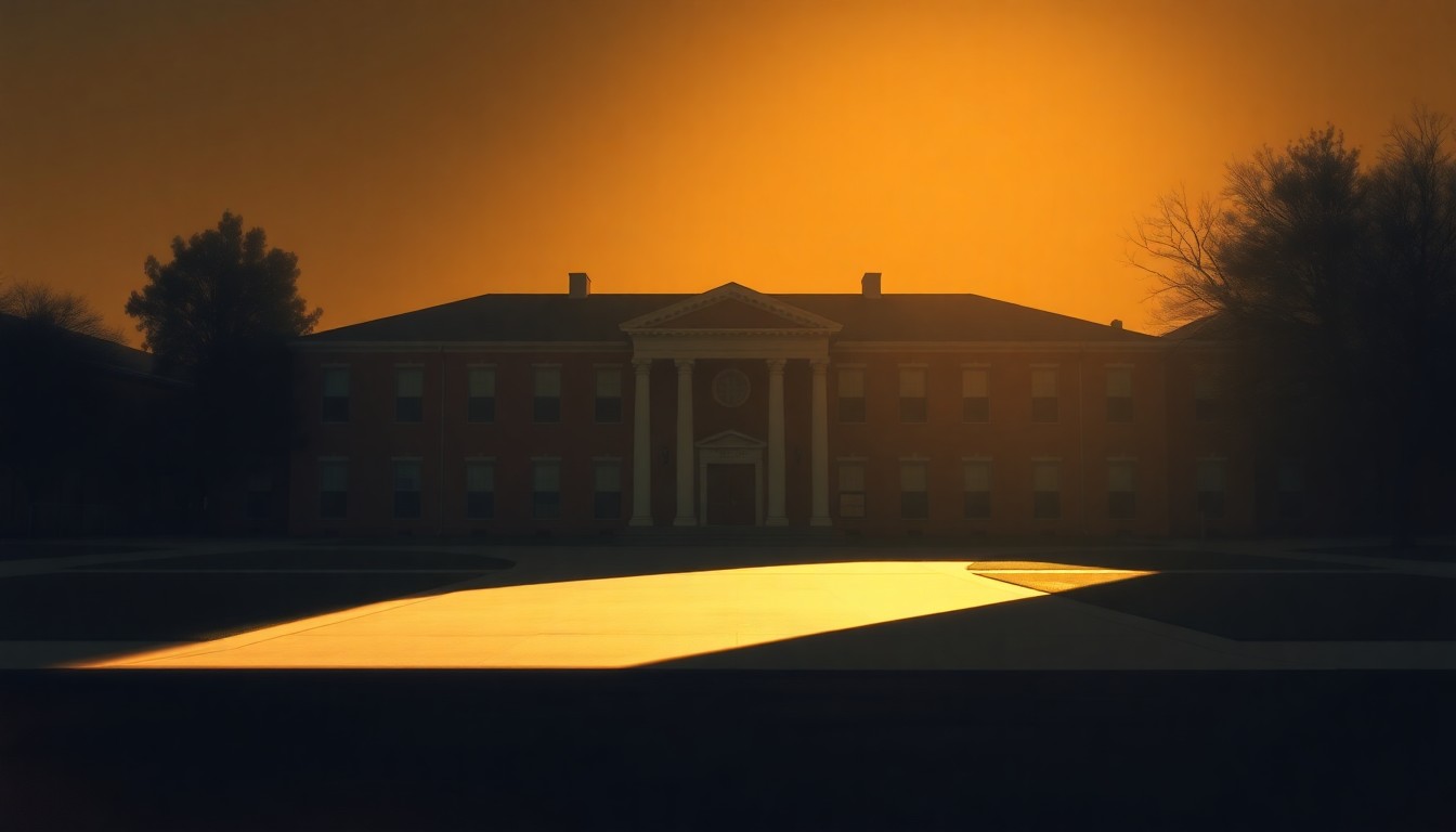A serene, painterly image of a university administration building in warm, golden light, conveying a sense of contemplation and anticipation around the institution's leadership transition.