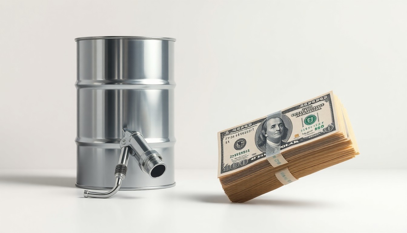 A photorealistic studio still life featuring a polished metal oil barrel, a gleaming chrome fuel nozzle, and a stack of crisp dollar bills, symbolizing Nigeria's oil wealth, refining capacity, and economic impact.