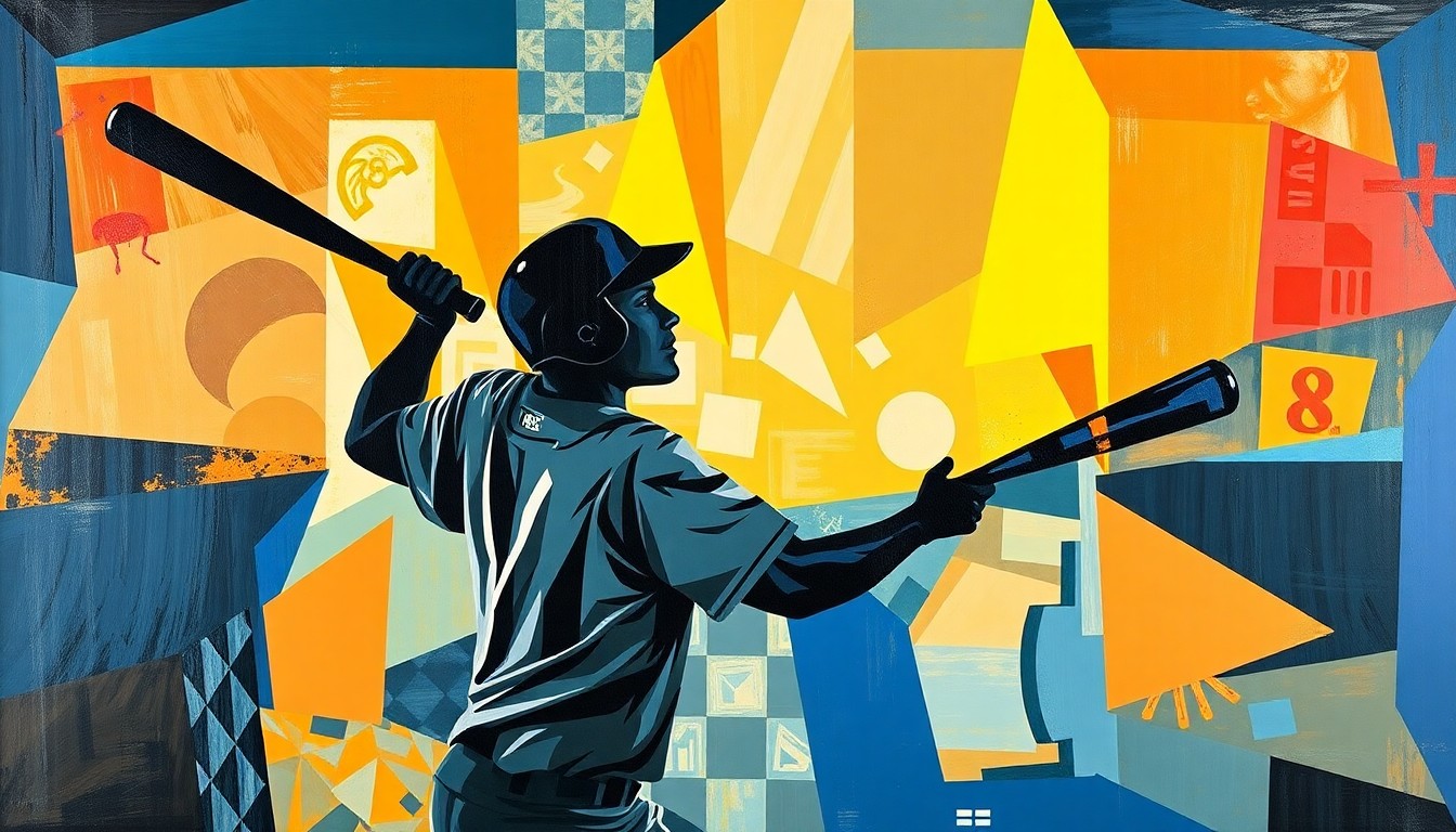 A dynamic, cubist-style painting depicting a baseball player's silhouette in motion, with the game-winning home run broken down into sharp, overlapping geometric shapes and planes, conveying the energy and significance of the moment.