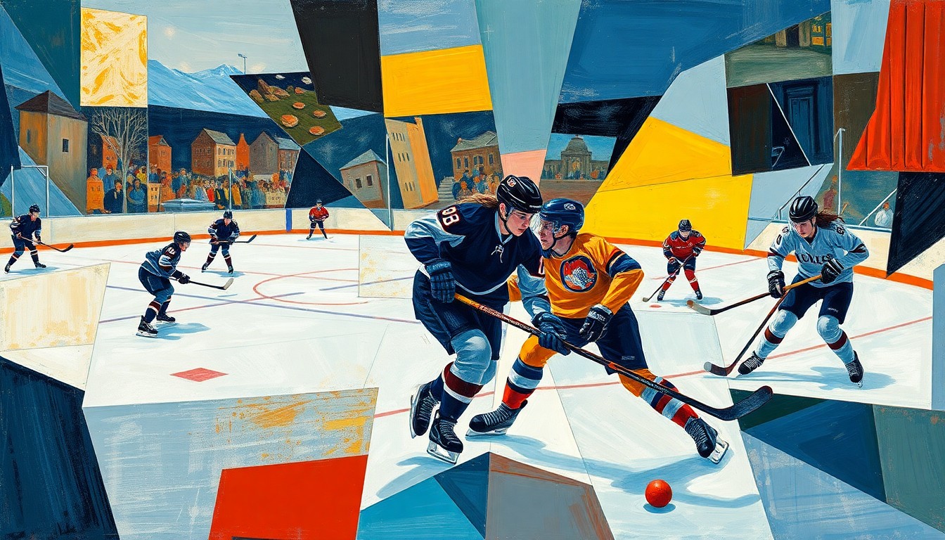 A cubist, geometric painting depicting the energy and movement of a girls' hockey game, with players' forms fractured and overlapping in a dynamic composition.