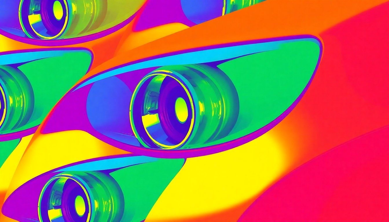 A bold, vibrant silkscreen-style illustration featuring a repeating pattern of car headlights, conceptually representing the debate over using headlight stickers to open gates in a retirement community.