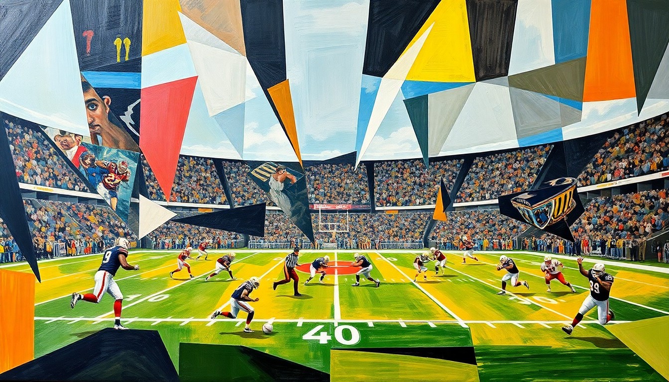 A fragmented, cubist-style painting depicting a UFL football game, with players and the field broken down into sharp, geometric shapes and planes of color, conveying the dynamic and unconventional nature of the league.