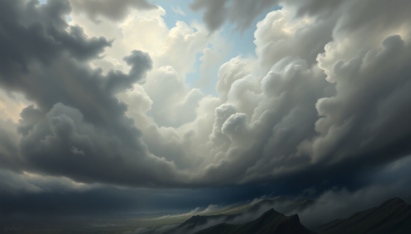 A vast, majestic landscape painting in muted tones of gray, blue, and green, depicting a stormy sky filled with dramatic, swirling clouds and heavy rain obscuring the horizon, conveying a sense of the overwhelming power and scale of the natural world.