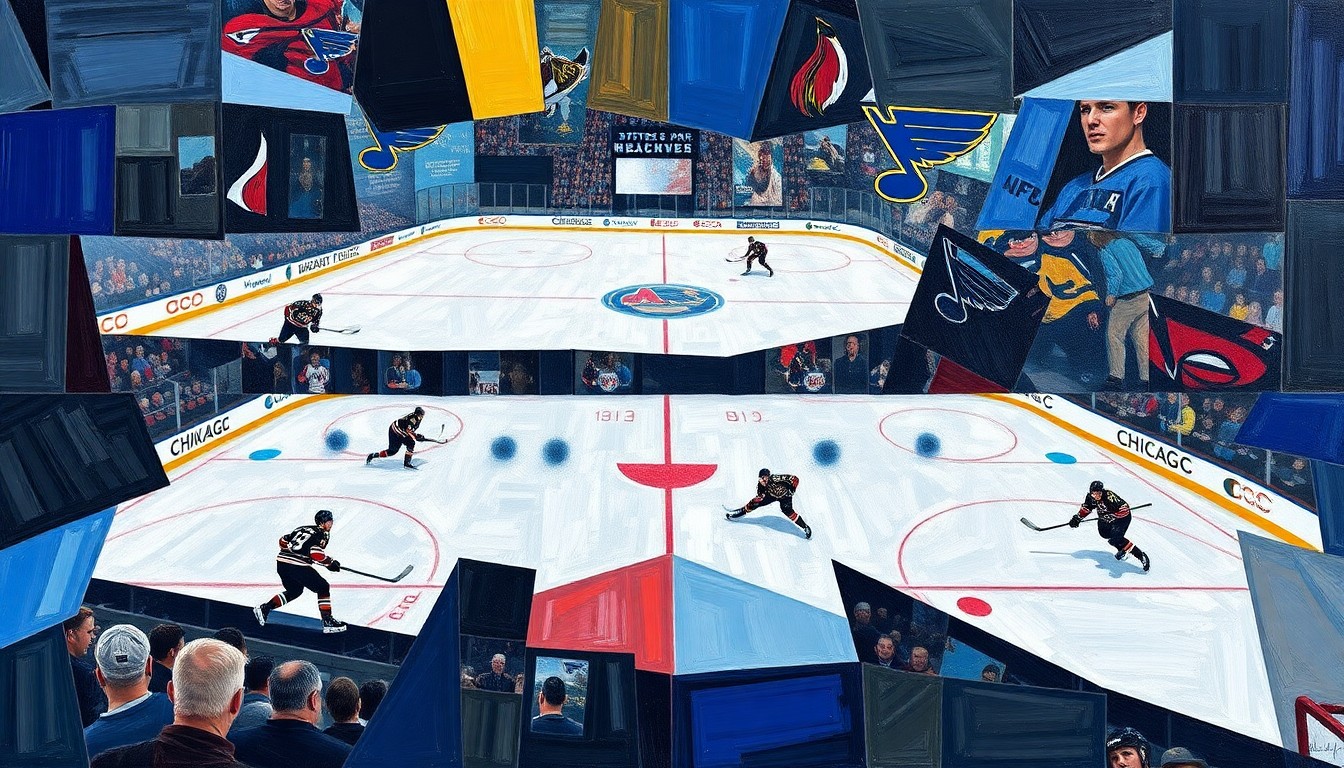 A fractured, geometric painting depicting a hockey game, with players and the rink deconstructed into sharp, overlapping planes of color, conceptually representing the Blackhawks' lineup changes and strategic adjustments.