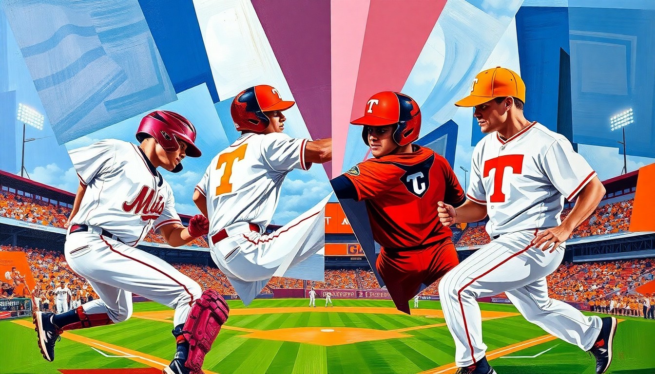 A fractured, geometric painting depicting the dynamic movements and energy of a college baseball game, with the teams' colors colliding in an abstract, multi-angled composition.