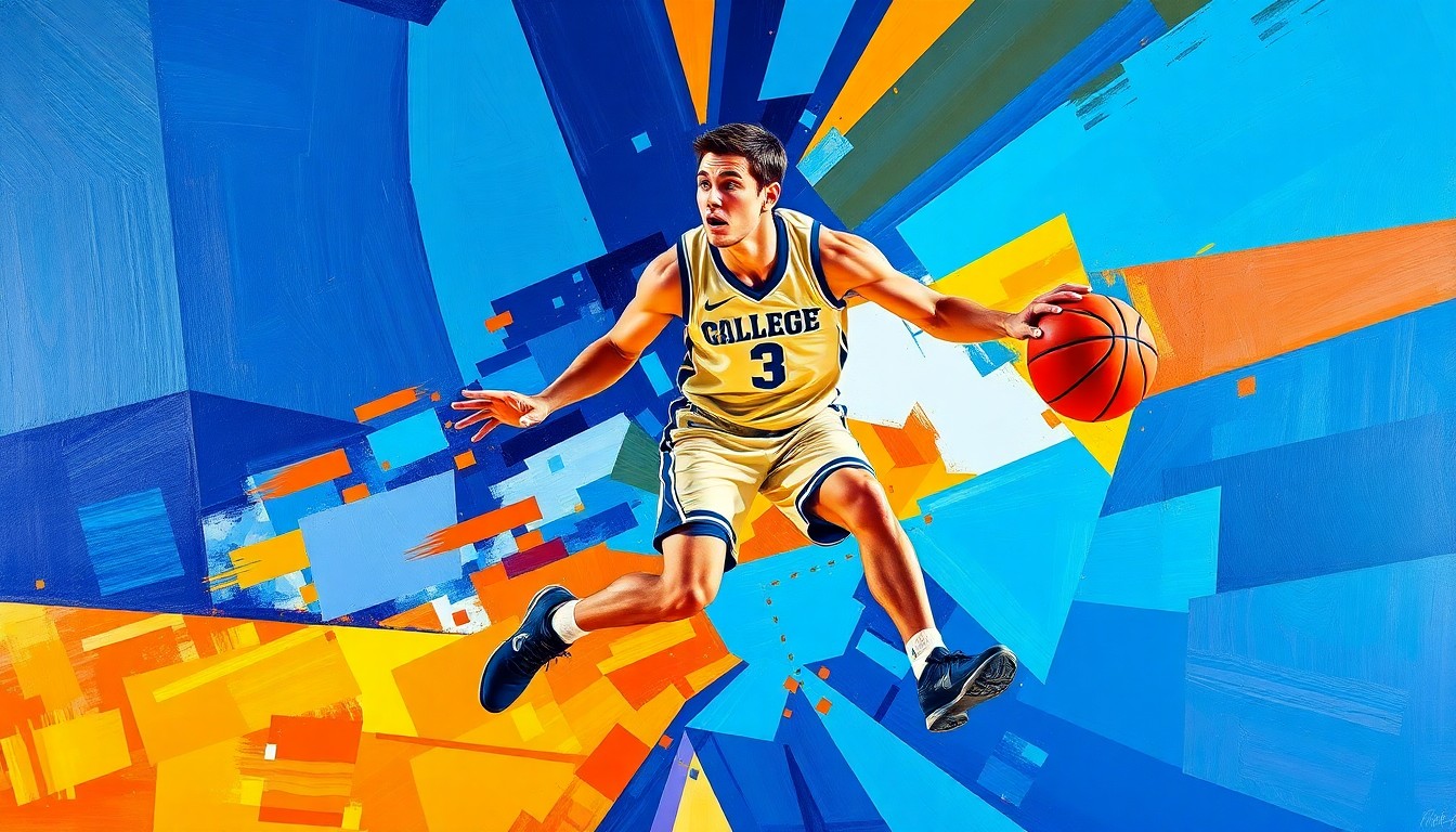 A fractured, geometric painting in vibrant blues, oranges, and purples, capturing the dynamic energy of a college basketball player in motion, with their figure abstracted into overlapping planes.