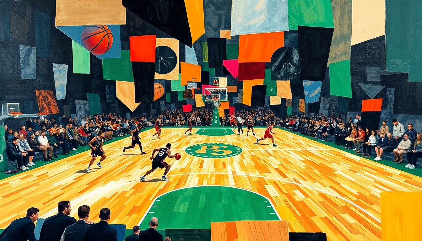 A fractured, multi-perspective painting depicting a basketball game between the Toronto Raptors and Boston Celtics, with the players' movements and the court's lines deconstructed into a dynamic, abstract composition using sharp, overlapping geometric planes.
