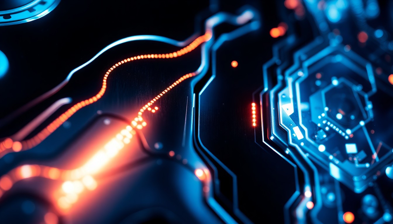 An abstract close-up photograph of sleek, metallic panels and glowing circuit boards, bathed in dramatic, high-contrast lighting to create a futuristic, high-tech aesthetic, conceptually representing the sci-fi elements of the 'Alien: Earth' series.
