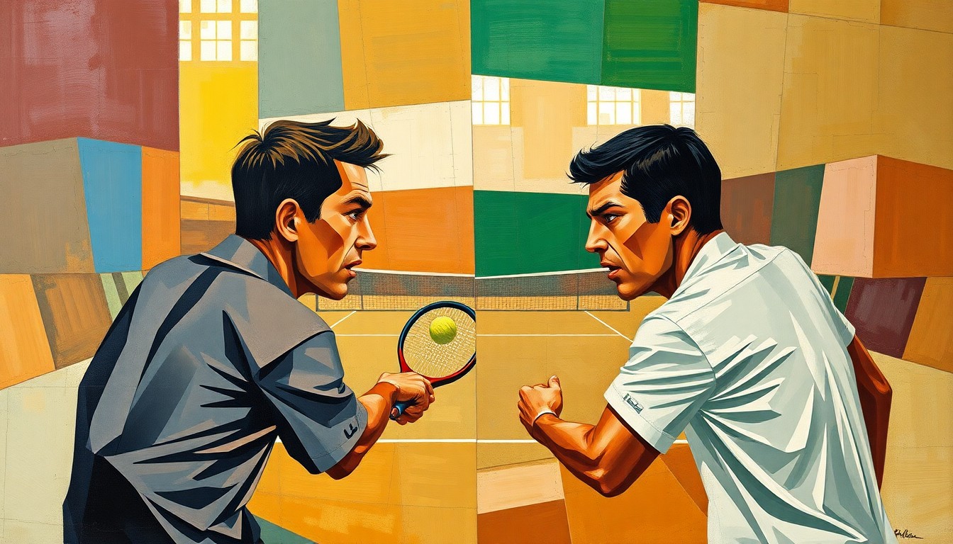 A cubist-style painting depicting a tennis match, with the players and court broken down into sharp, overlapping geometric shapes and planes in a variety of colors.