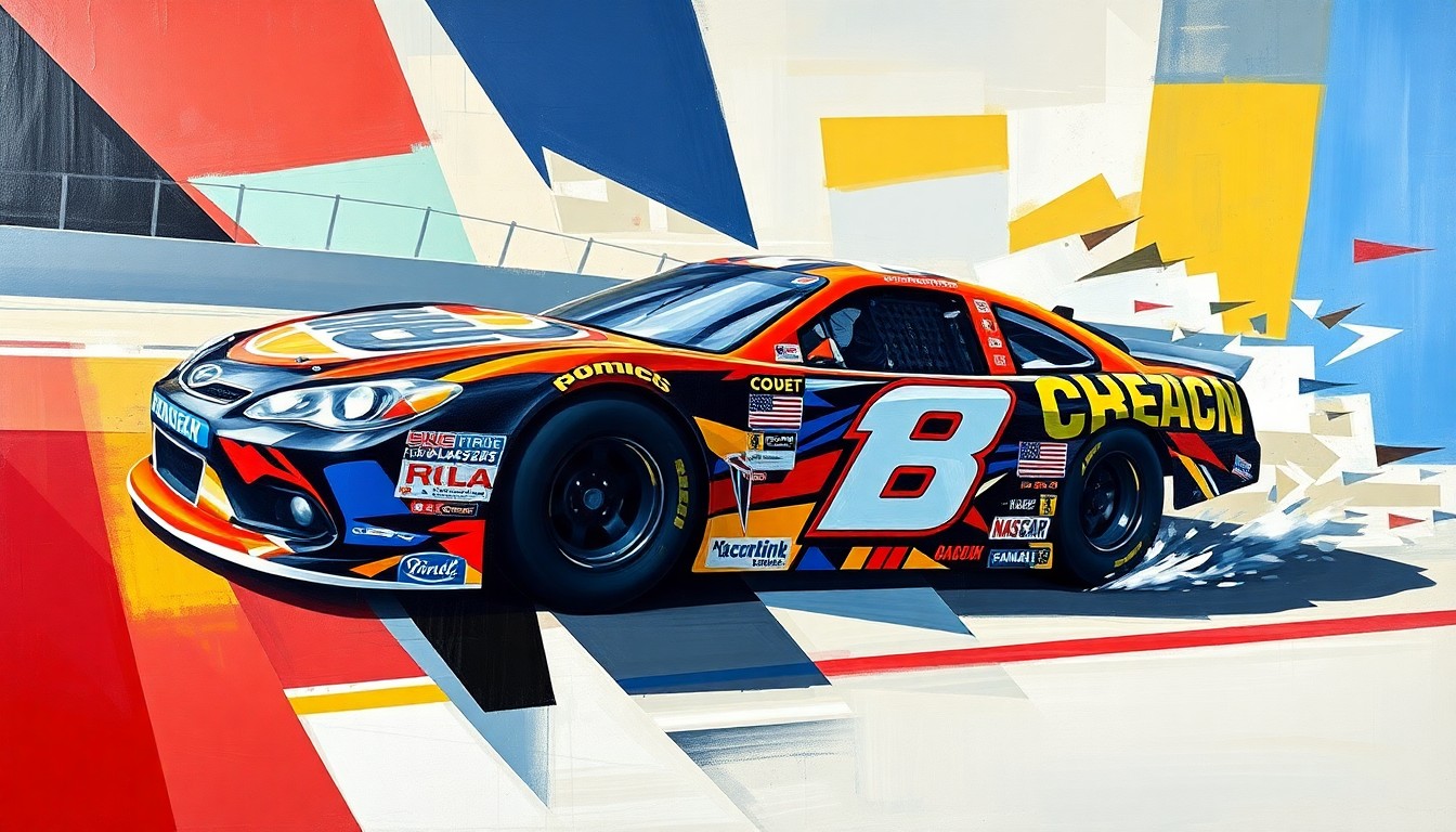 A fragmented, geometric painting in the style of Pablo Picasso, depicting a NASCAR race scene broken down into sharp, overlapping planes of color and abstract shapes, capturing the speed and intensity of the sport.
