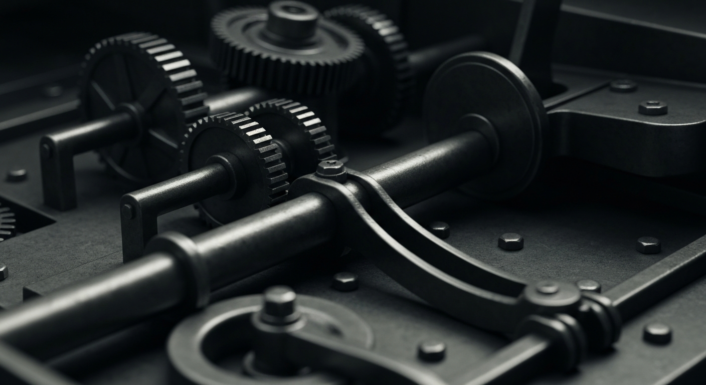 An extreme close-up of heavy, industrial banking machinery and objects, conveying a sense of financial security and stored wealth without using literal currency or charts.