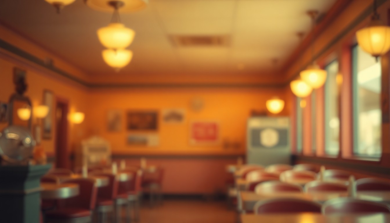 A softly blurred, out-of-focus photograph in warm, muted tones depicting an interior scene of an old-fashioned diner or restaurant, with hints of classic decor and tableware visible through the hazy, dreamlike composition.