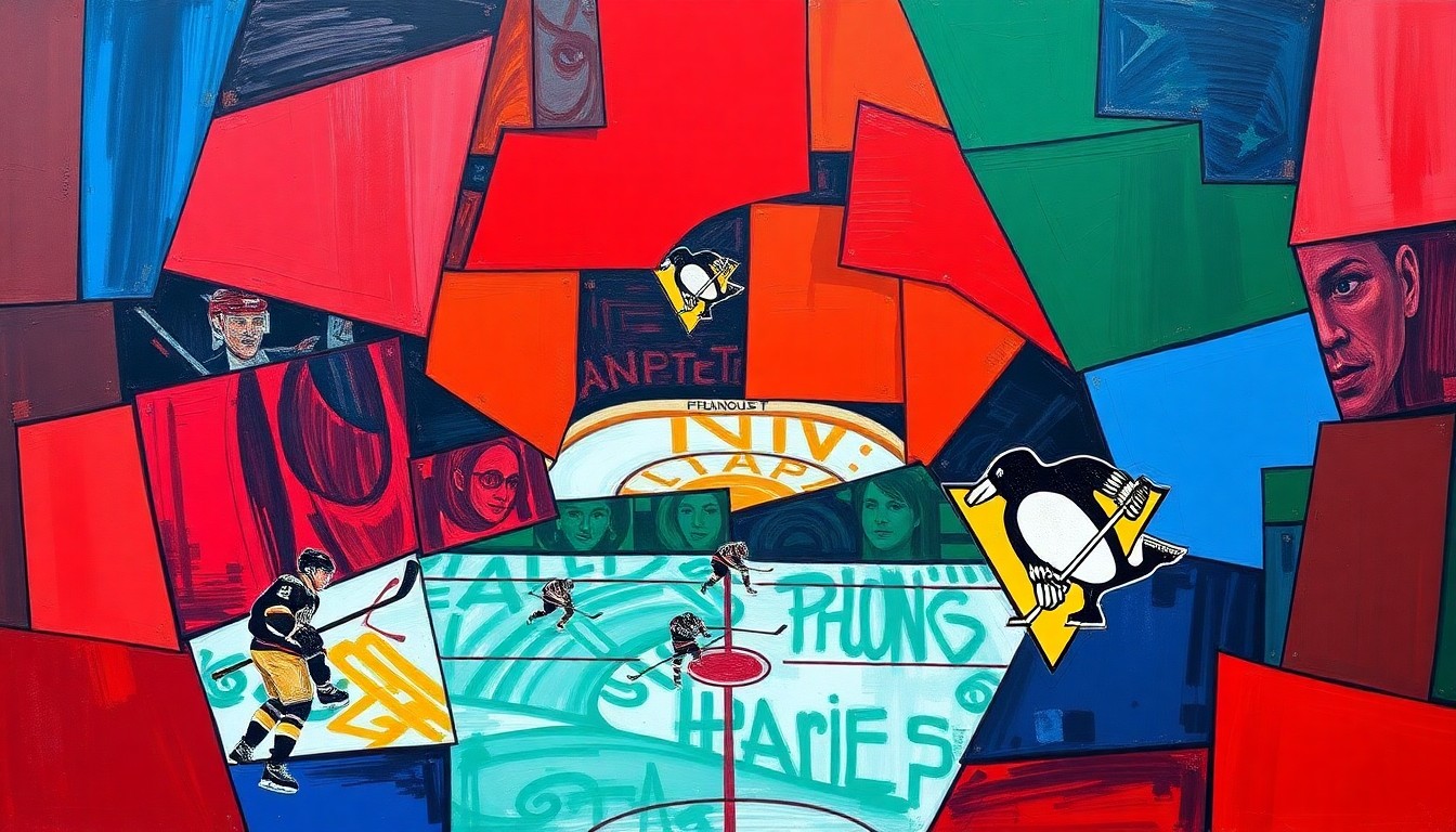 A cubist, geometric painting depicting a hockey game in motion, with players and the puck rendered as overlapping, fragmented shapes in a vibrant color palette, conveying the intensity and strategic depth of the sport.