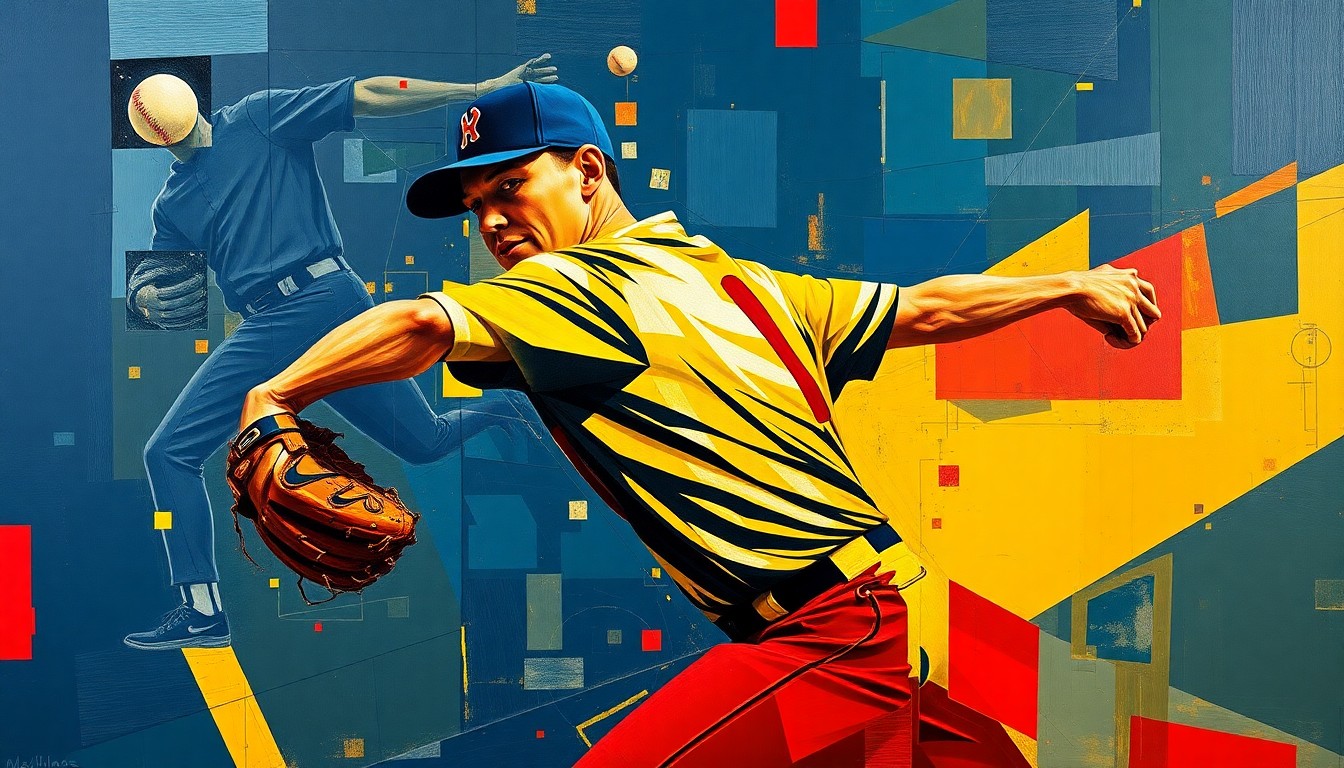 A fragmented, geometric painting depicting the motion of a baseball pitcher, with sharp planes of navy, gold, and crimson colors abstractly representing the athlete's path to success.
