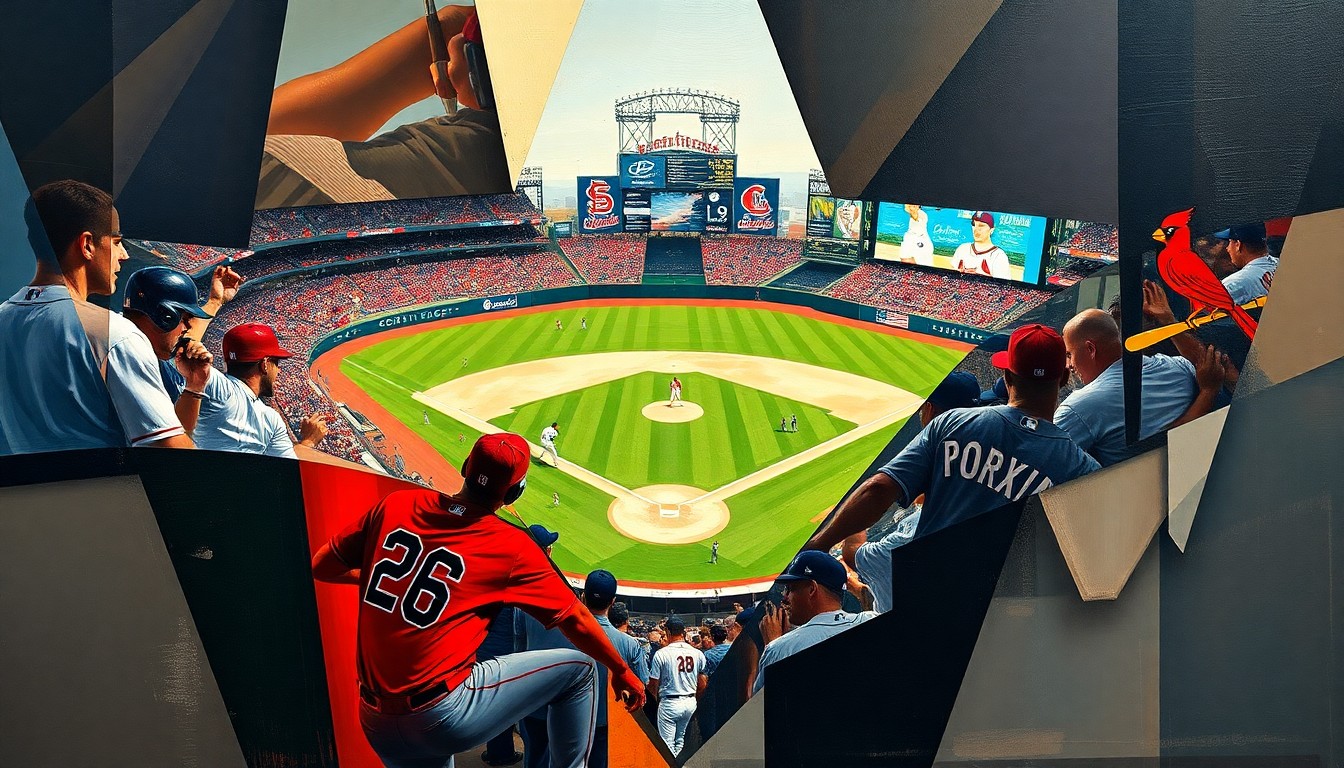 An abstract, cubist-style painting depicting a baseball game in progress, with the players' movements and the energy of the competition represented through fragmented, overlapping geometric shapes and planes in a vibrant color palette.