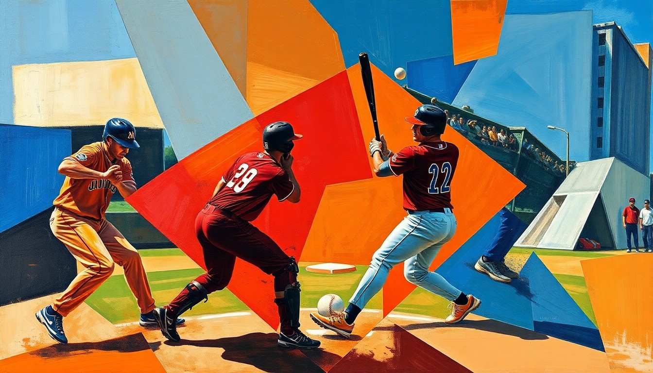 A fractured, multi-perspective painting depicting a baseball game or match, with the players' forms abstracted into angular, intersecting shapes in a vibrant color palette of deep blues, rich reds, and earthy browns, conceptually representing the Phillies' lineup changes.