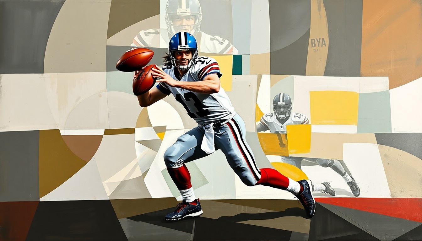 A fractured, multi-perspective painting depicting a quarterback's movements and plays broken down into sharp, overlapping geometric planes, capturing the dynamic, dual-threat nature of the player's game.