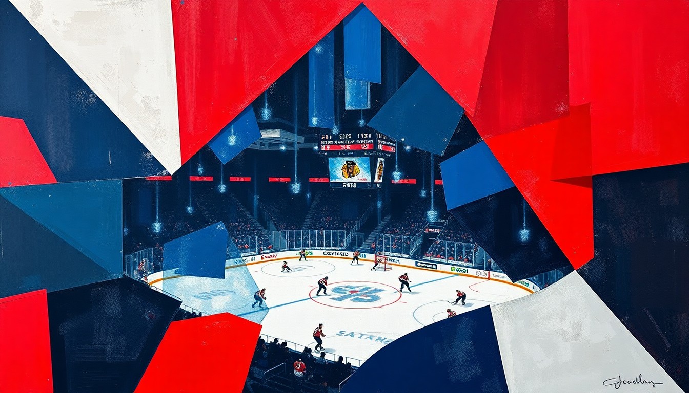A cubist-style painting depicting a Blackhawks hockey game, with the players and ice broken down into sharp, overlapping geometric shapes in the team's colors of navy blue, red, and white, conveying the emotional weight and historical significance of the event.