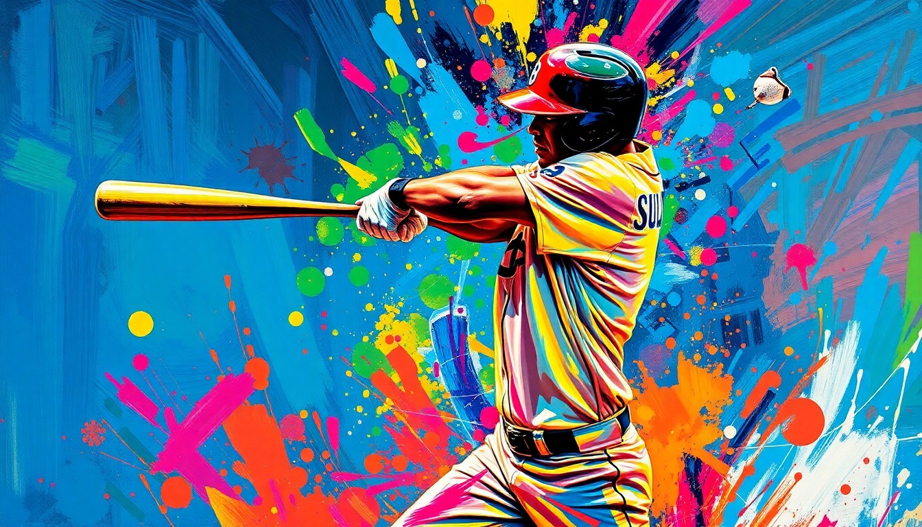 An abstract, expressionist painting in vibrant neon colors depicting the explosive motion of a baseball player swinging a bat, with the bat shattering into fragments that dissolve into the painting's dynamic brushstrokes, capturing the energy and resilience of a sports icon.