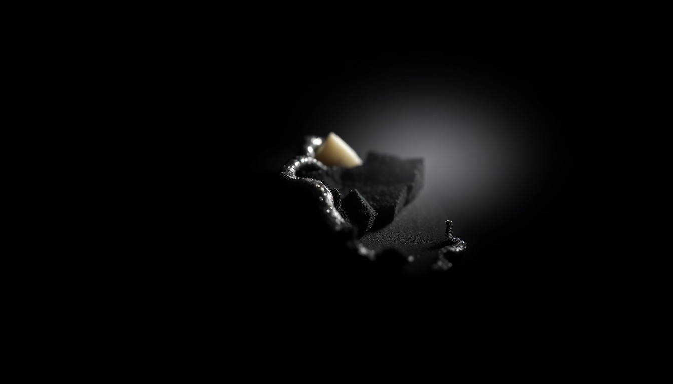 An extreme close-up of a damaged piece of evidence from the Lisa McBride murder case, lit dramatically with a harsh flash against a dark background, conceptually illustrating the gritty investigation into this decades-old crime.