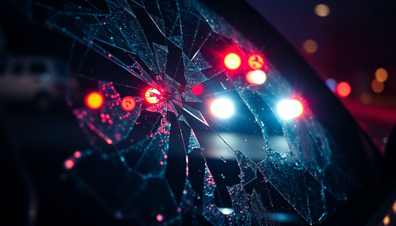 An extreme close-up photograph of shattered car window glass reflecting the faint glow of emergency lights, conceptually illustrating the aftermath of a fatal vehicle collision.