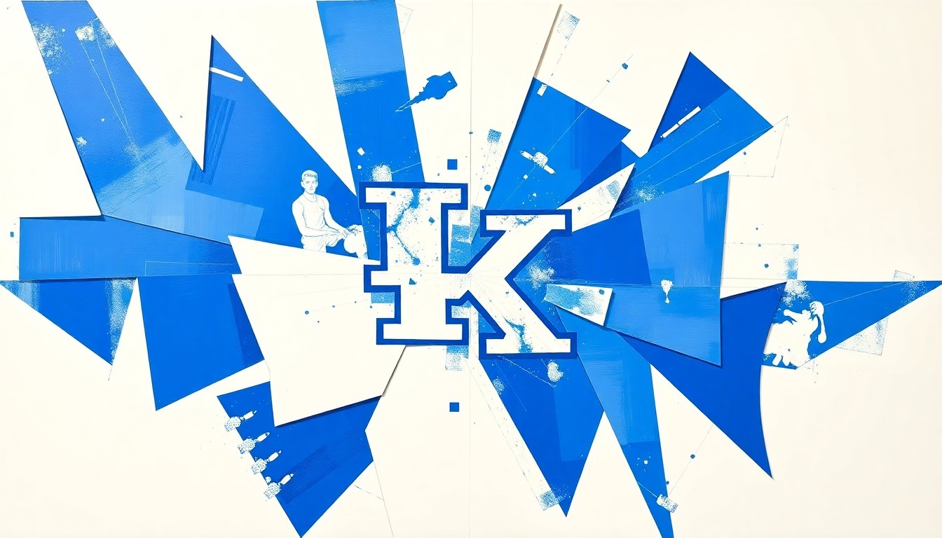 A cubist, geometric painting depicting a fragmented college basketball scene, with sharp, overlapping planes of blue and white hues representing the Kentucky Wildcats and their transfer portal challenges.
