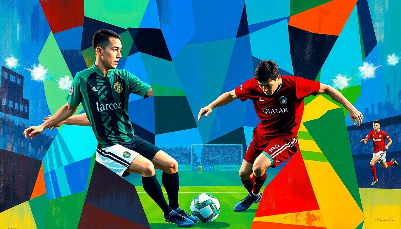 A cubist, geometric painting depicting the dynamic action of a soccer match between LAFC and the Portland Timbers, with the players' forms abstracted into angular, overlapping shapes in a vibrant color palette.