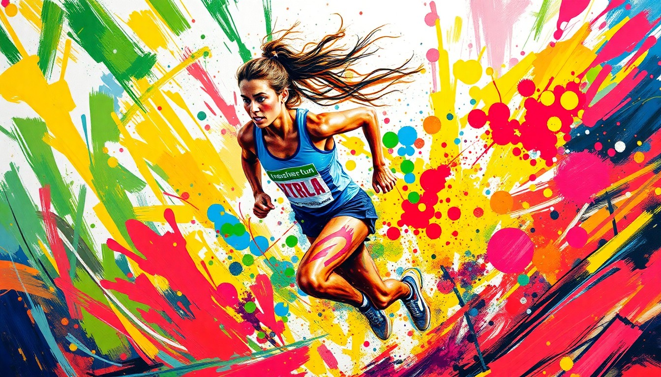 An abstract, energetic painting in neon colors depicting a blurred, explosive figure running up a hill, conveying the raw athleticism and determination of a professional basketball player preparing for the new season.