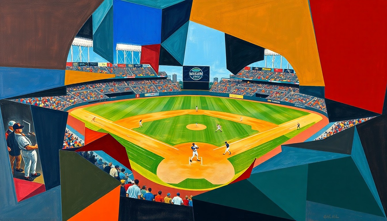 A fragmented, geometric painting in vibrant colors depicts a baseball game in motion, with players and the field deconstructed into sharp, overlapping shapes and planes.