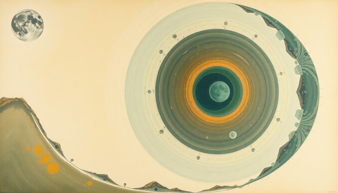 A highly structured abstract painting in earthy tones of green, brown, and blue, featuring sweeping geometric arcs, concentric planetary circles, and precise botanical spirals, conceptually representing the complex scientific forces and potential of lunar mining and helium-3 extraction.