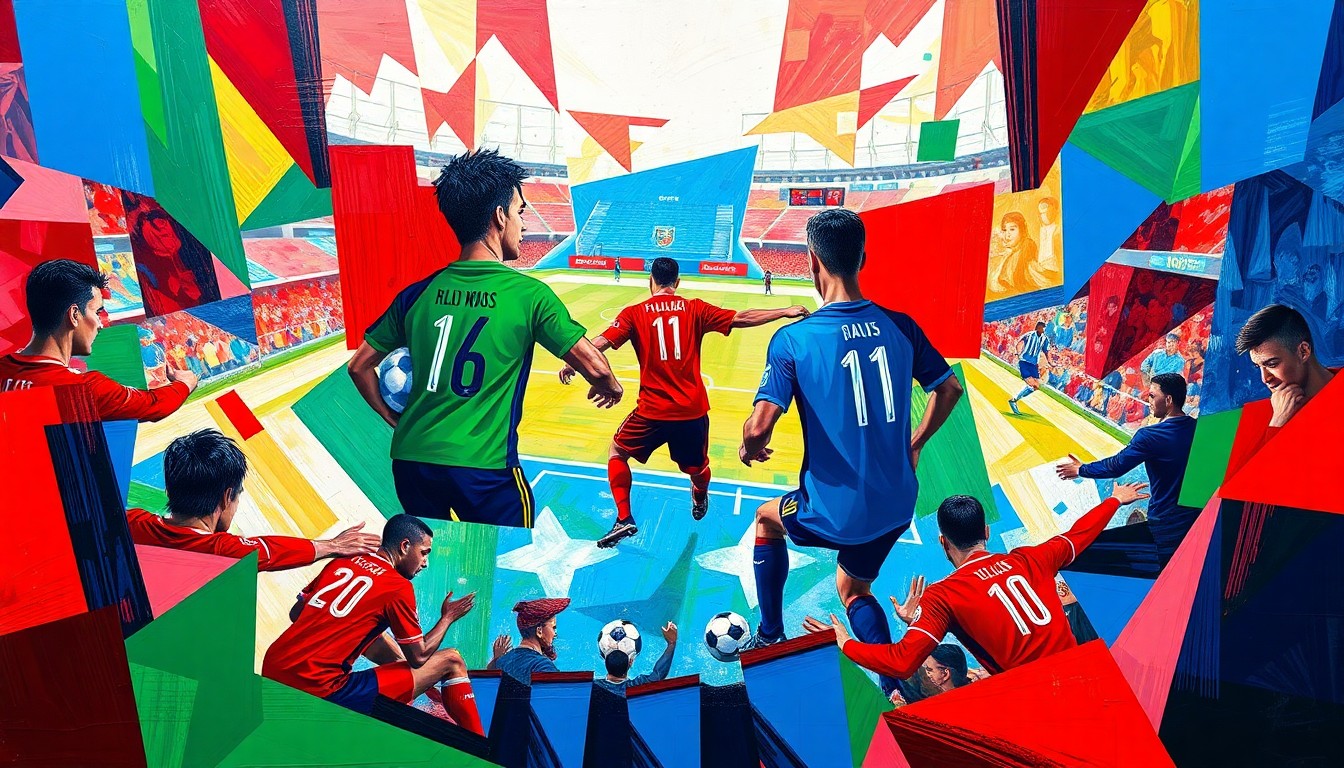 A fragmented, geometric painting depicting the action of a soccer match between two teams, with sharp planes of color representing the players and the field of play.