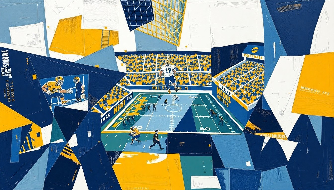 A cubist, geometric illustration depicting a Minnesota Monsters football game, with the players and field broken down into sharp, overlapping planes of navy blue, gold, and white.