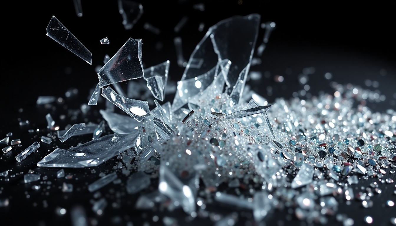 An extreme close-up of shattered glass and glittering sequins in dramatic high-contrast lighting, conceptually representing the glamour and drama of celebrity relationships.