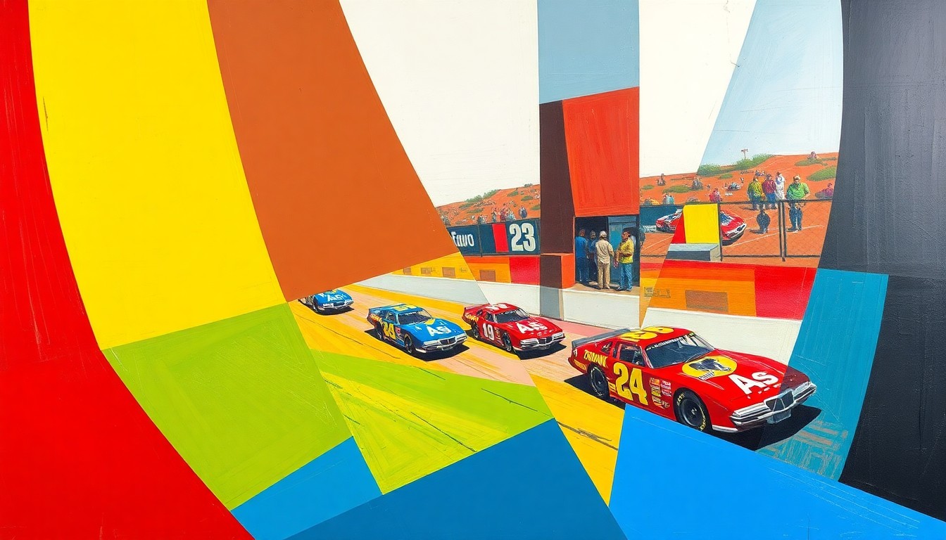 A cubist, geometric painting depicting a stock car race at Tucson Speedway, with the car and track broken down into sharp, overlapping planes of vibrant red, blue, and yellow colors, capturing the energy and competitiveness of the qualifying session.