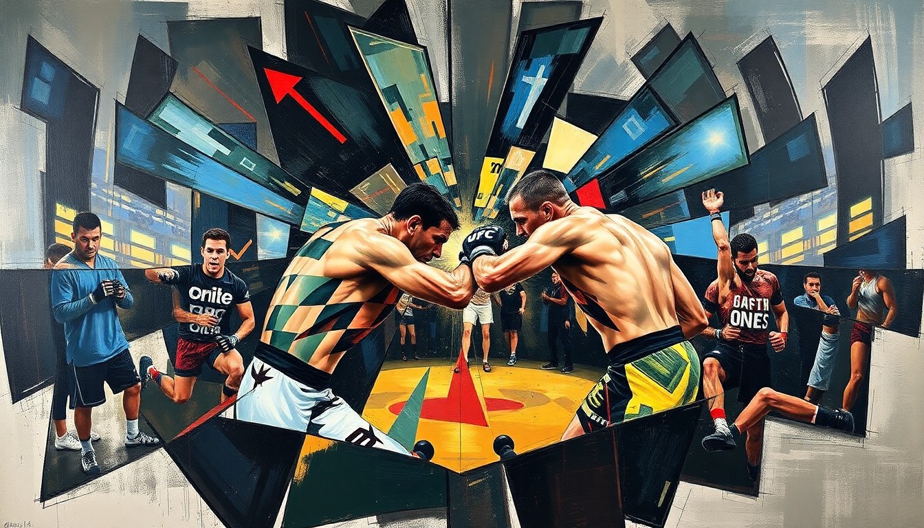 A fragmented, multi-angled painting in the style of Pablo Picasso, depicting the forceful movements and colliding energies of a UFC fight night through sharp, overlapping geometric shapes and planes of color.