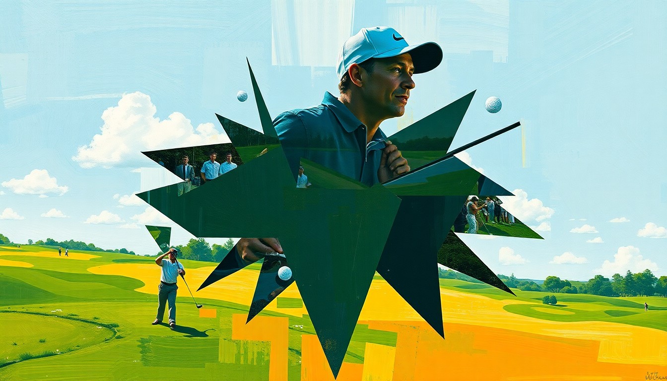 A cubist, geometric painting depicting a fragmented, multi-angled view of a professional golf tournament, with players and equipment broken down into sharp, overlapping shapes and planes.