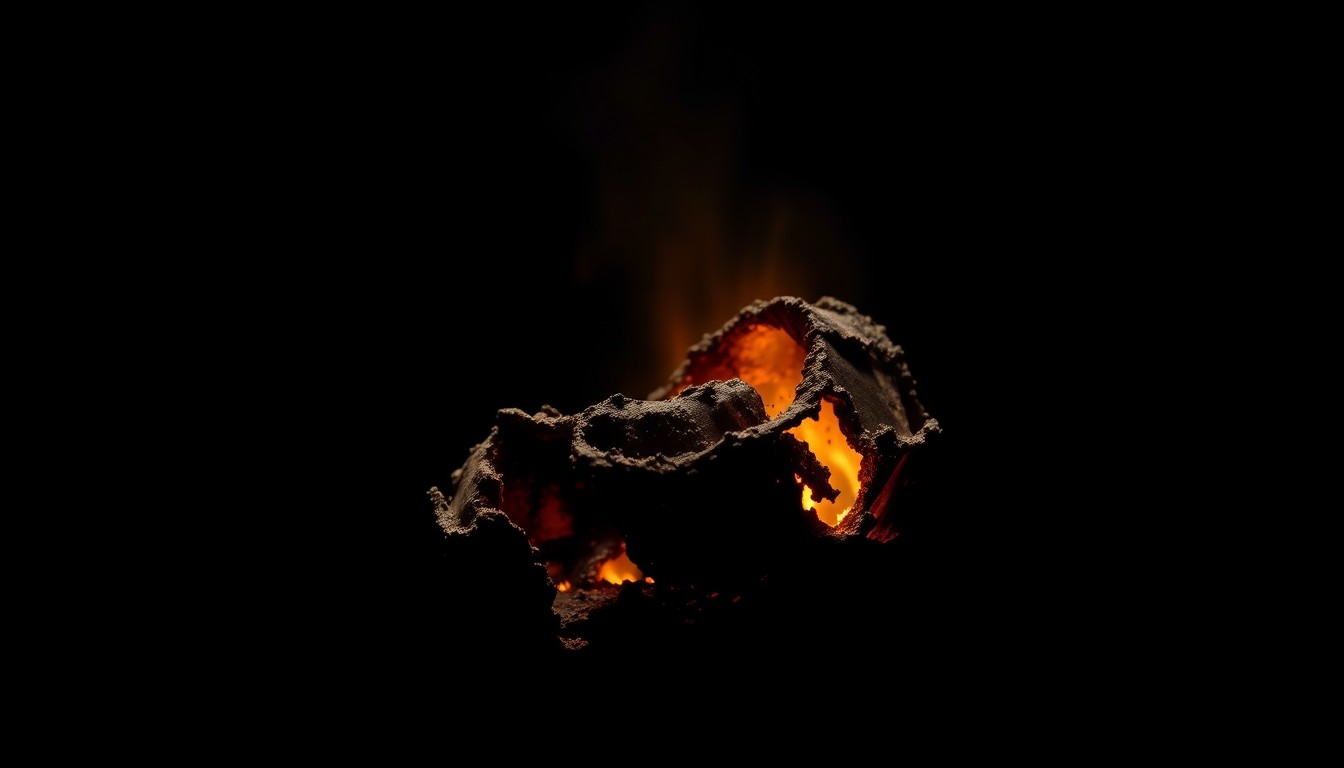 An extreme close-up photograph of a charred, twisted metal object from the fire, creating a stark, gritty, investigative aesthetic.
