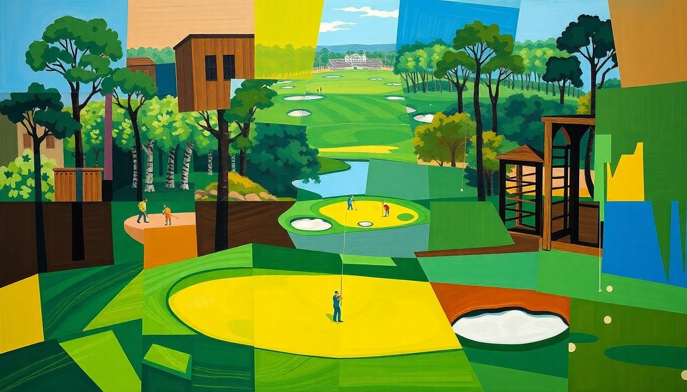 A cubist, geometric painting depicting a fractured, multi-perspective view of a golf tournament, with sharp planes of green, brown, and blue representing the lush fairways and putting surfaces of Augusta National.